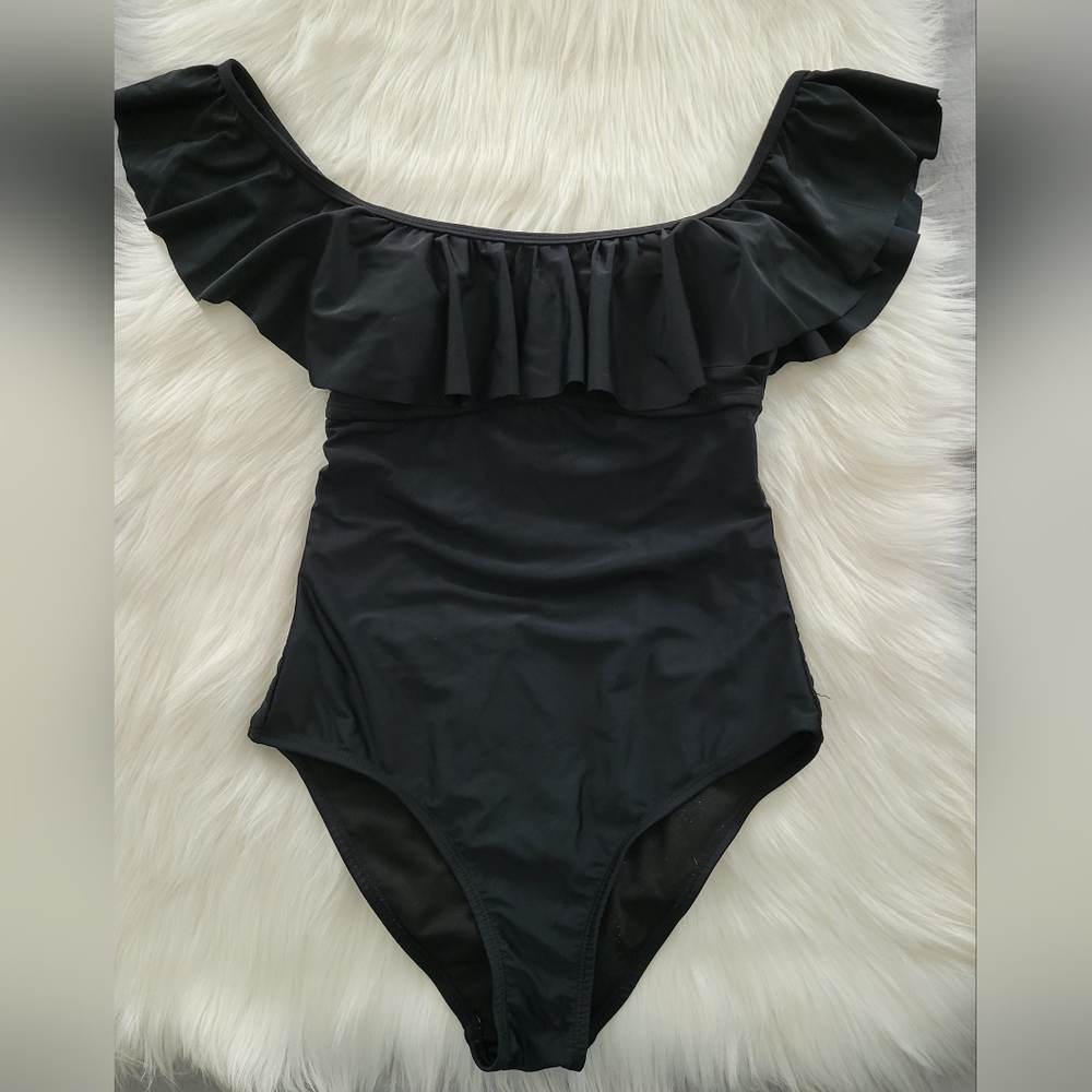 Black Ruffle Off Shoulder Swimsuit